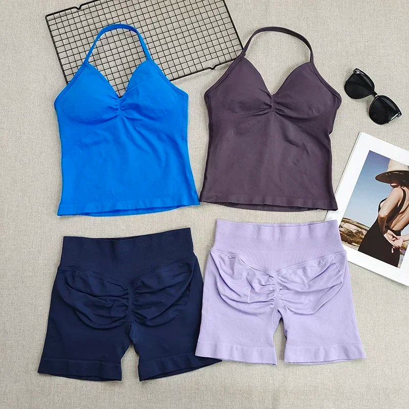 Fitness Girl Comfortable and Breathable Sports Neck Long Tank and Shorts Set Sports Yoga Vest Fitness Exercise Yoga Suit Set