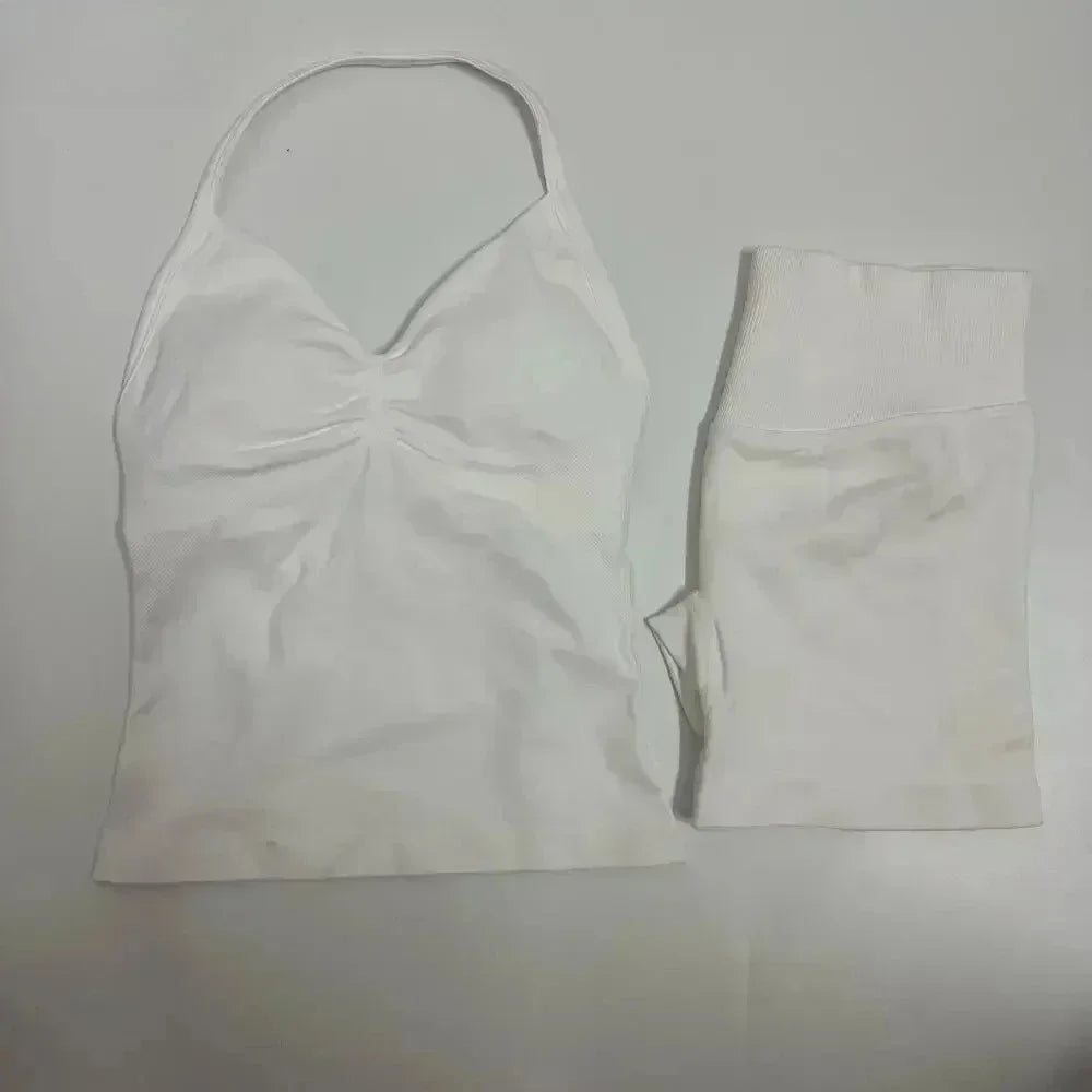 Fitness Girl Comfortable and Breathable Sports Neck Long Tank and Shorts Set Sports Yoga Vest Fitness Exercise Yoga Suit Set