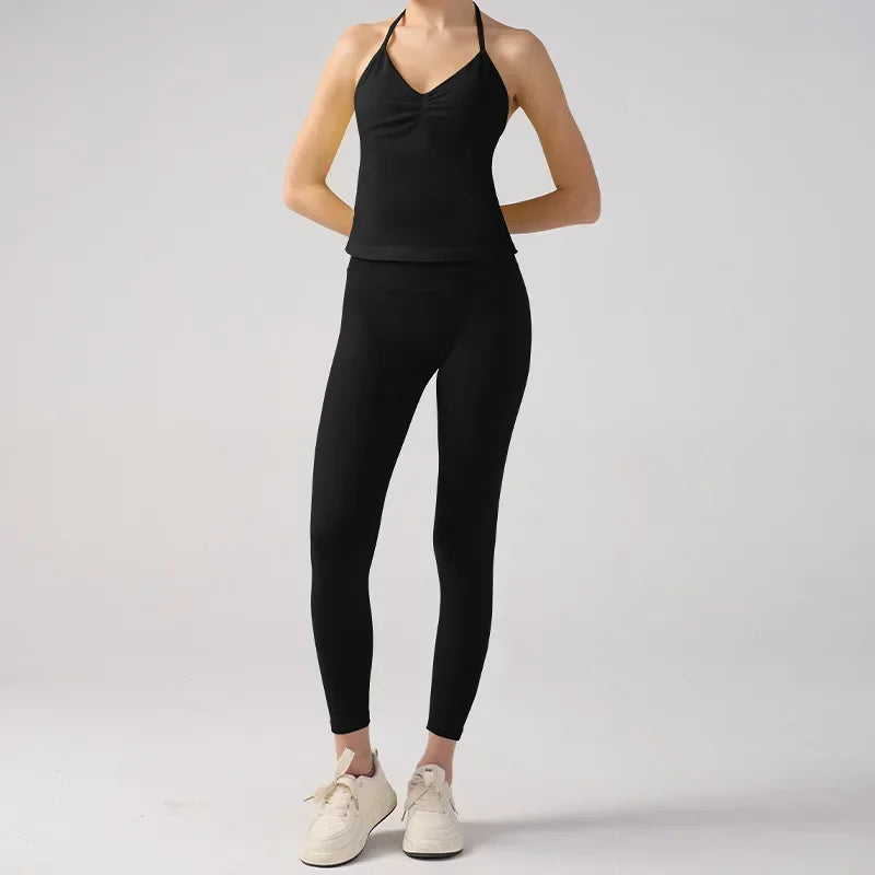 Fitness Girl Yoga Ladies 2-piece Set Long Neck Halter Tank Top Hip Lift Fitness Pants Comfortable Breathable Set Sportswear