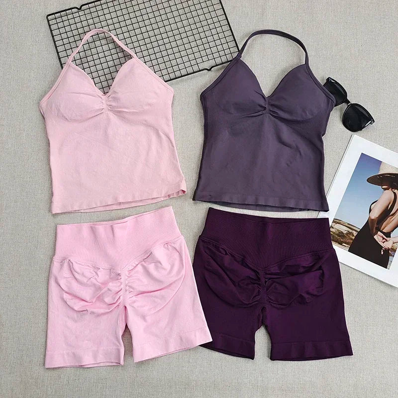 Fitness Girl Comfortable and Breathable Sports Neck Long Tank and Shorts Set Sports Yoga Vest Fitness Exercise Yoga Suit Set