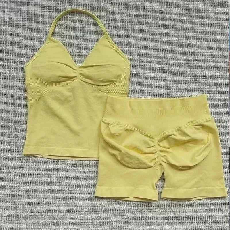 Fitness Girl Comfortable and Breathable Sports Neck Long Tank and Shorts Set Sports Yoga Vest Fitness Exercise Yoga Suit Set