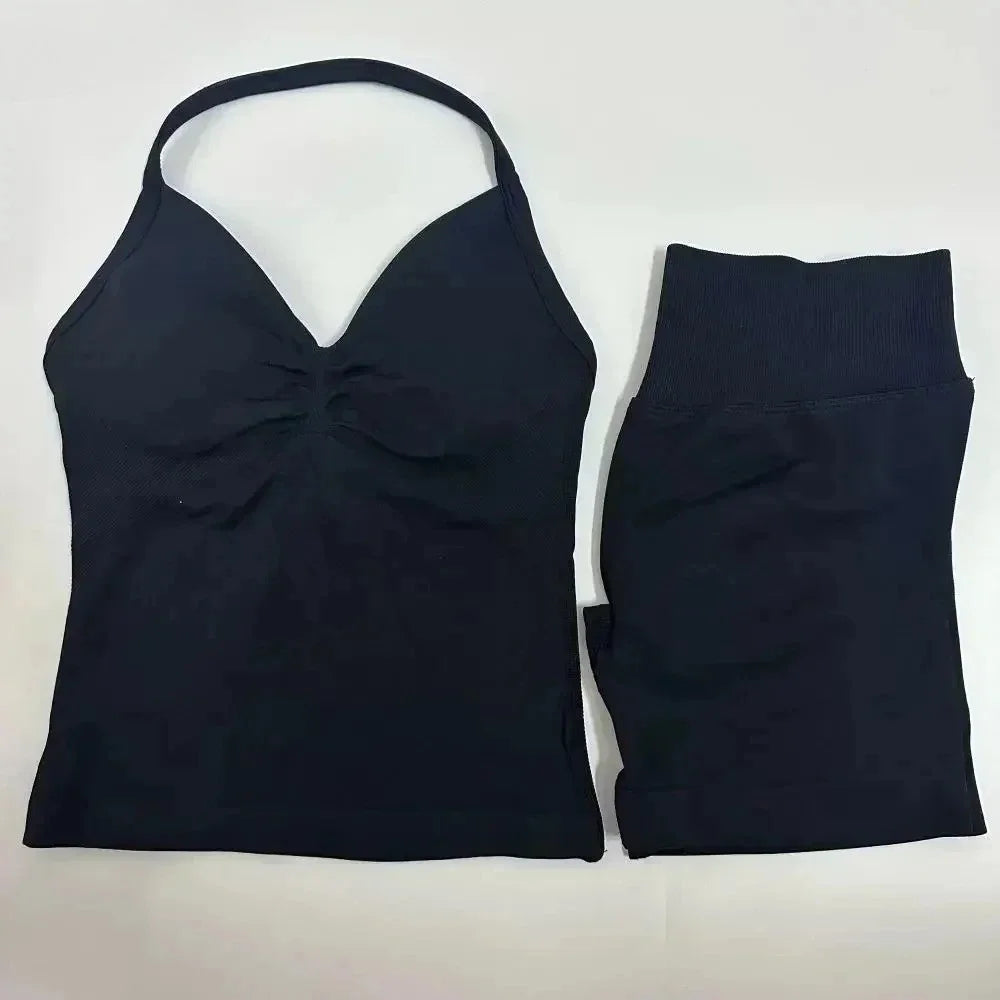 Fitness Girl Comfortable and Breathable Sports Neck Long Tank and Shorts Set Sports Yoga Vest Fitness Exercise Yoga Suit Set