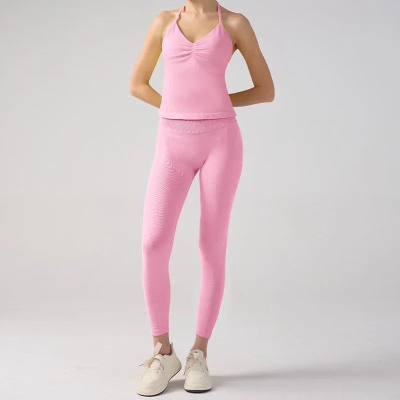 Fitness Girl Yoga Ladies 2-piece Set Long Neck Halter Tank Top Hip Lift Fitness Pants Comfortable Breathable Set Sportswear