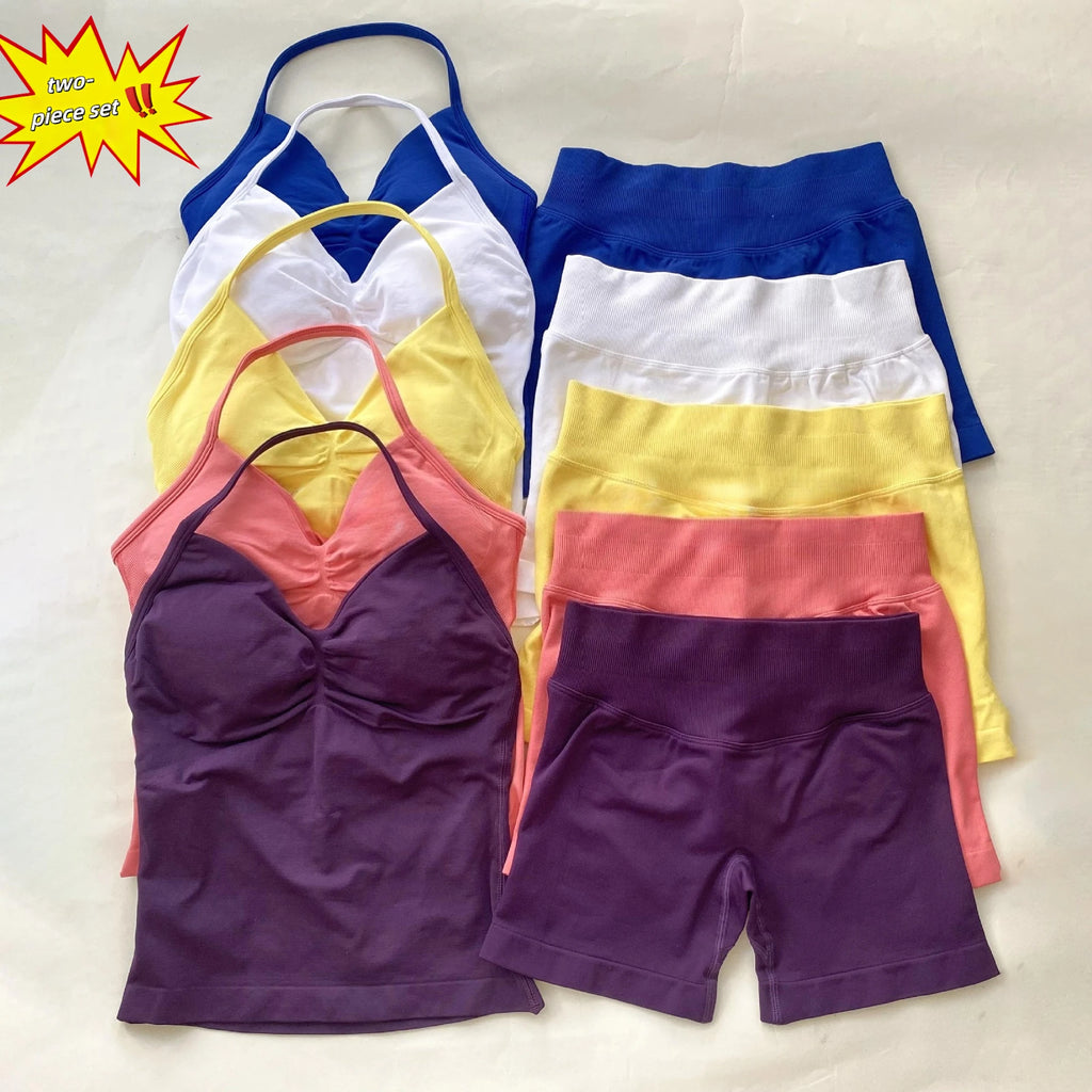 Fitness Girl Comfortable and Breathable Sports Neck Long Tank and Shorts Set Sports Yoga Vest Fitness Exercise Yoga Suit Set