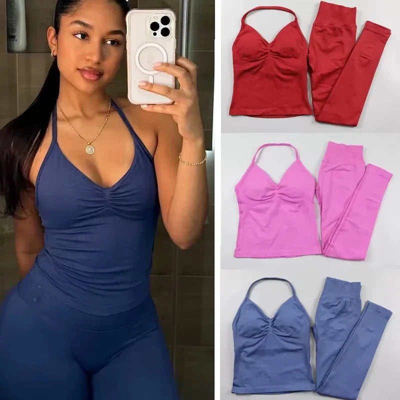 Fitness Girl Yoga Ladies 2-piece Set Long Neck Halter Tank Top Hip Lift Fitness Pants Comfortable Breathable Set Sportswear