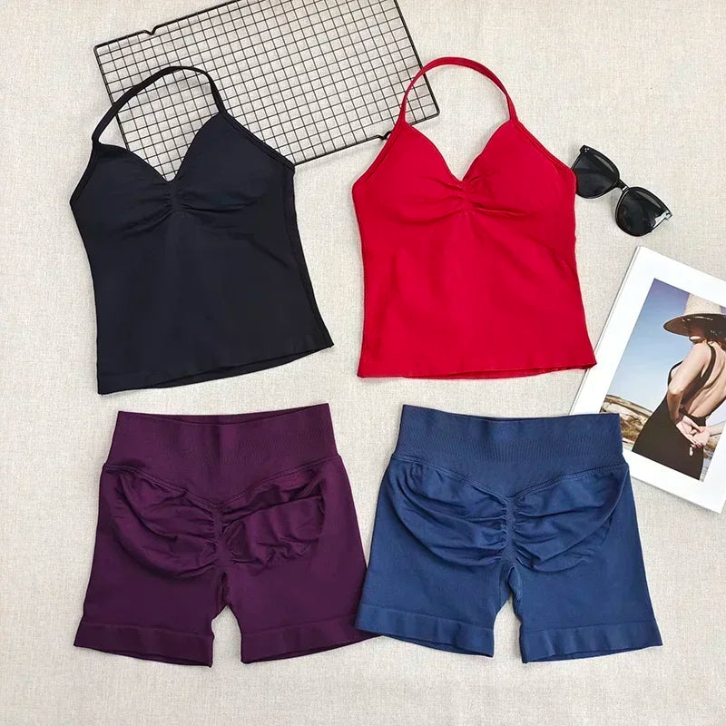 Fitness Girl Comfortable and Breathable Sports Neck Long Tank and Shorts Set Sports Yoga Vest Fitness Exercise Yoga Suit Set